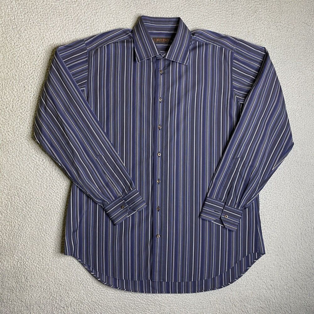 Etro Milano 44 Shirt Mens XL Blue Striped Button Up Long Sleeve Italy Casual